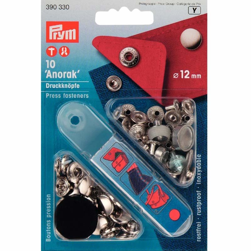 Prym 12 Mm Anorak Non-Sew Fasteners, Pack of 10, Silver
